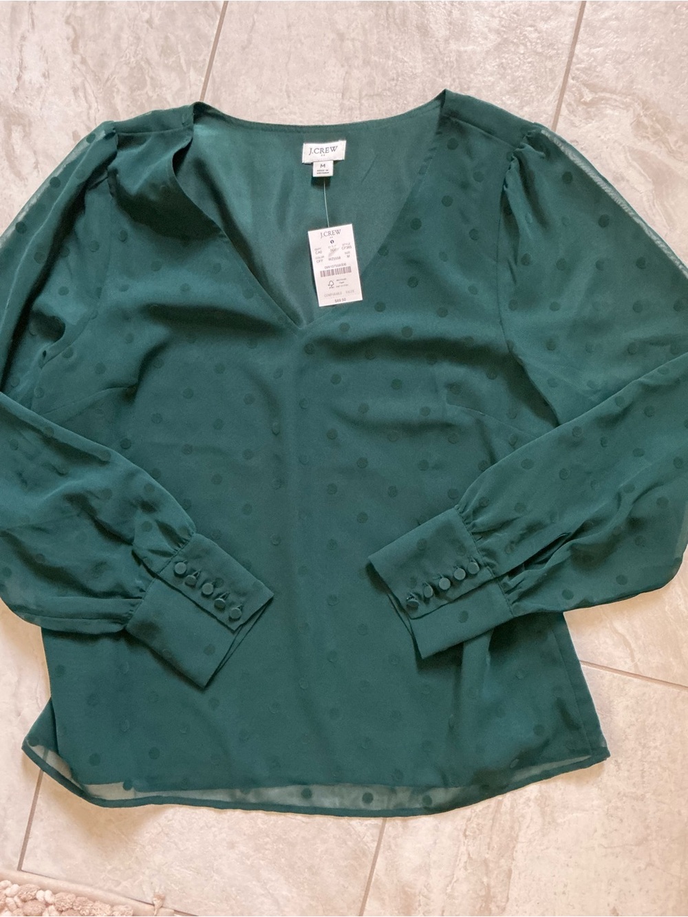 J. Crew Dark Green Dot V-Neck Long Sleeve Blouse